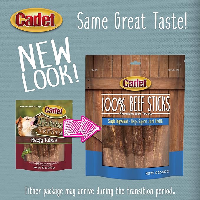 Cadet Beef Sticks Dog Treats - Long-Lasting, Healthy & Natural Beef Esophagus Treats for Small & Large Dogs, Low Calorie & High Protein Dog Chews (12 oz.)