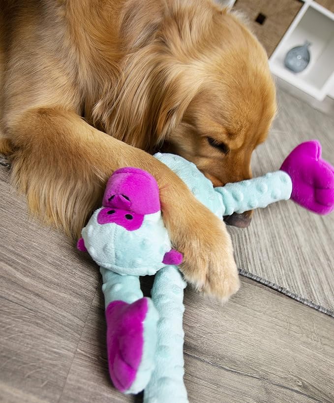 goDog Crazy Tugs Monkey Squeaky Plush Tug Dog Toy, Chew Guard Technology - Turquoise, Large