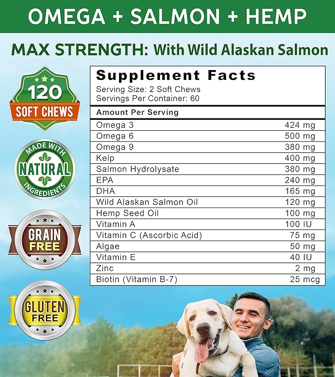 Salmon Oil for Dogs-Omega 3 Fish Oil & Hemp Oil -Wild Alaskan Fish Oil Dog Treats Chews Supplement w/Omega 3 6 9 & DHA EPA - Pet Itch Skin & Coat & Allergy Support - 120 Bites