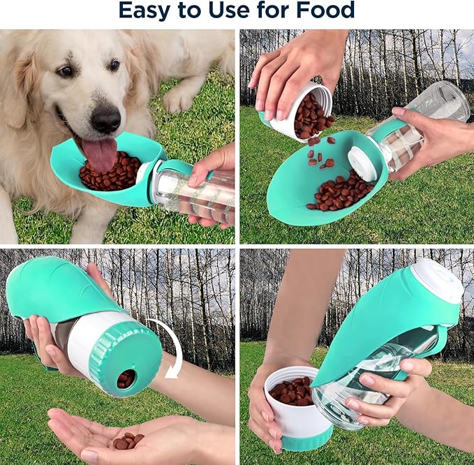 Dog Water Bottle, Pet Water Bottle with Food Container and Drinking Feeder, Leak Proof, BPA-Free, Portable Foldable Puppy Water cup Dispenser for Outdoor Walking, Travel, Large Light Blue