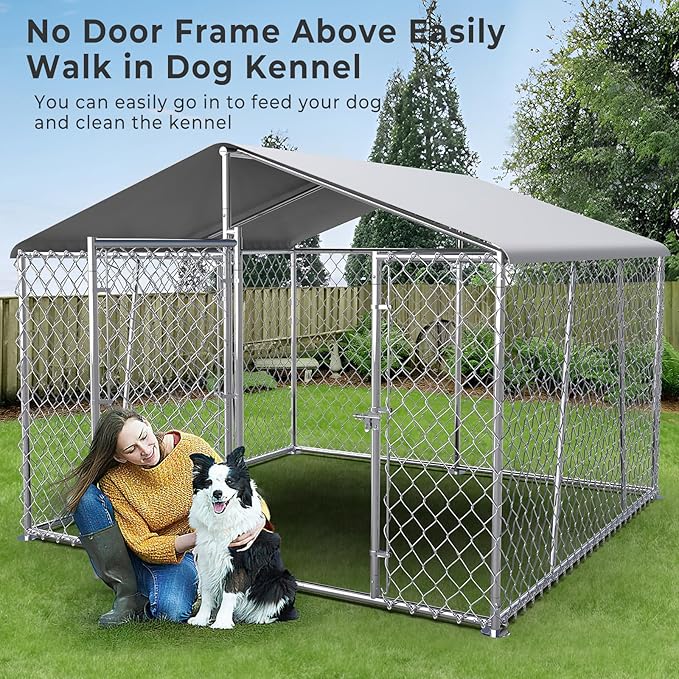 Upgraded 7.5×7.5FT Outdoor Dog Kennel with Cover Roof, Large Dog Run House Pen Enclosure with Side Rod, Heavy Duty Chain Link Dog Kennel with Lock for Outside Backyard