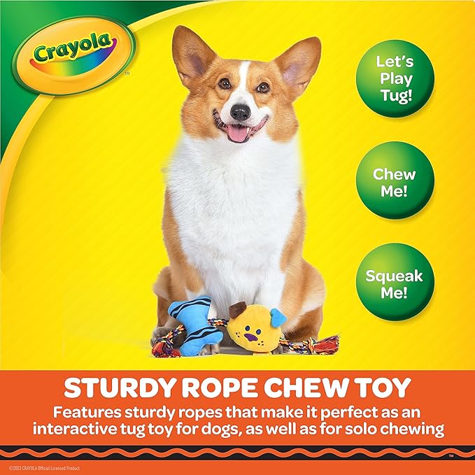 Crayola for Pets Crayon Rope Plush Squeaker Dog Toy, Interactive Dog Tug Toy with Pup-visible Colors Dogs See Best, Rope Toy for Dogs with Plush and Squeaker