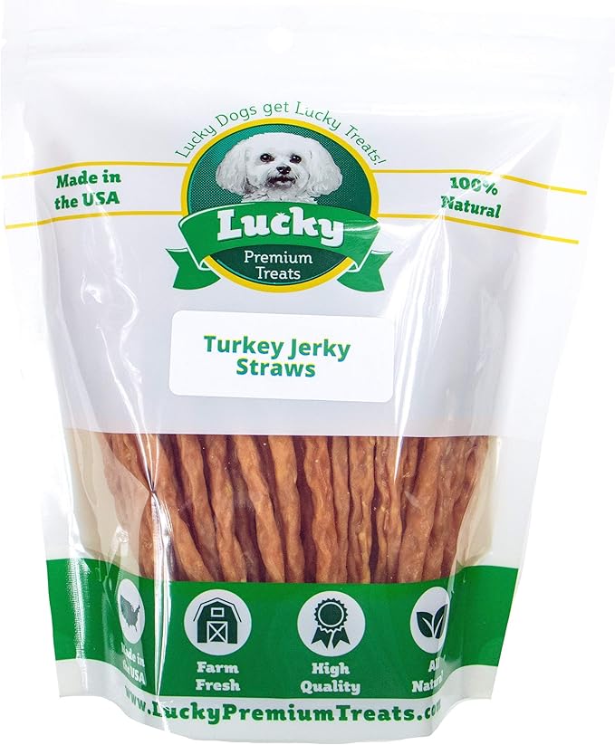 Lucky Premium Treats Turkey Jerky Straws – All Natural Turkey Dog Treats, Dog Chews Made with Restaurant Quality Turkey (13 oz)