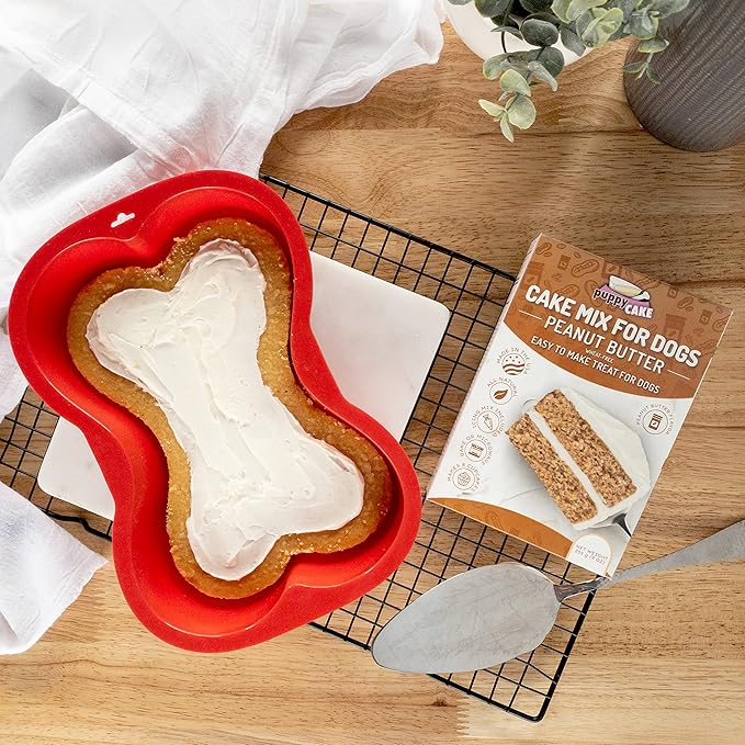 Puppy Cake Cake and Ice Cream All Natural Fluffy & Moist Dog Birthday Cake Kit in with Peanut Butter, Your Choice of Ice Cream Mix, Bone Silicone Pan and 24 Candles (Bacon) Made in USA