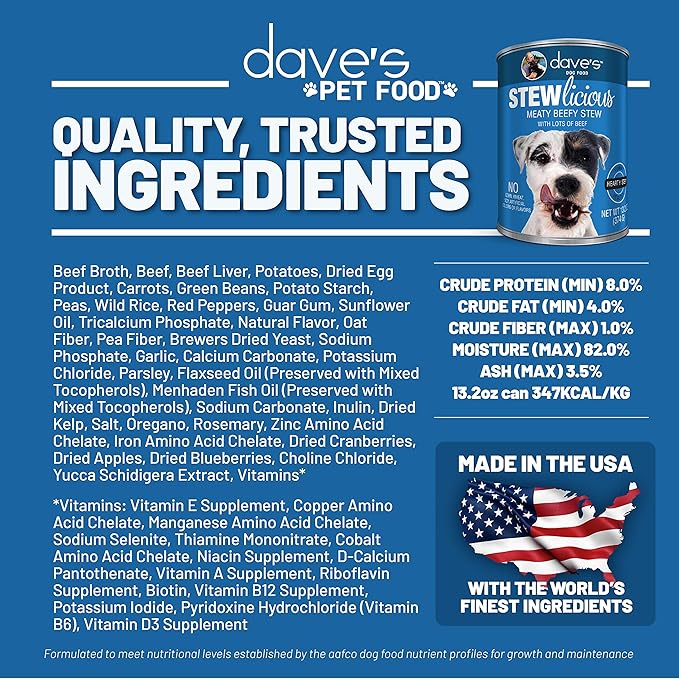 Dave's Pet Food Stewlicious Soft Dog Food Wet (Meaty Beef Stew), Made in USA Canned Dog Food, Added Vitamins & Minerals, Wheat & Gluten-Free, Small to Large Dogs 13.2 oz Cans (Case of 12)