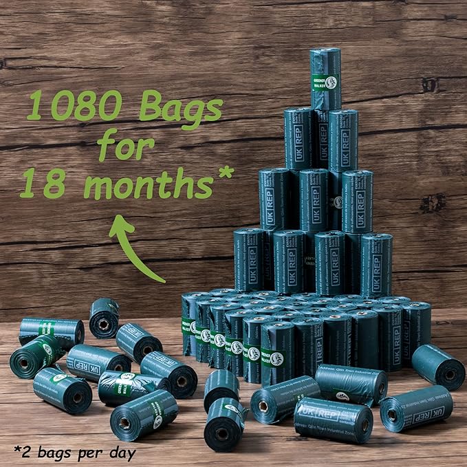 GREENER WALKER Poop Bags for Dog Waste, 1080 Doggy Waste Bags Extra Thick Strong 100% Leak-Proof (Deep Green)