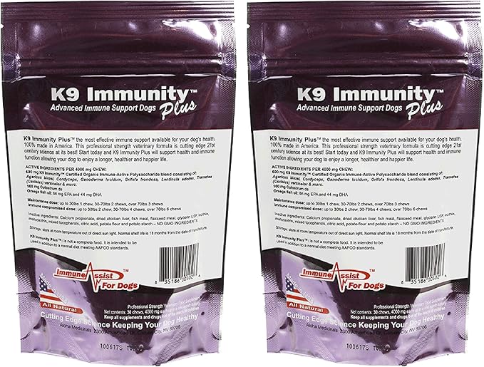 K9 Immunity Plus - Potent Immune Booster for Dogs Under 30 lbs - Certified Organic – Mushroom Enhanced Supplement - Veterinarian Recommended Dog Health Supplement - 30 Chews 2 Pack