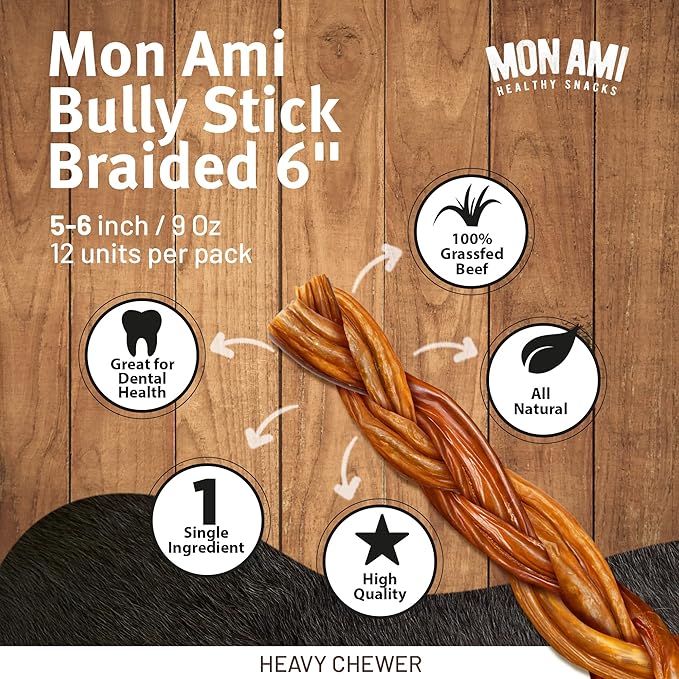 Mon Ami Braided Bully Sticks for Large and Small Dogs (5-6 inches, Pack of 12) - Made from Grass Fed Beef Dog Treats - Natural Bully Sticks - Grain Free & High Protein Dog Snack