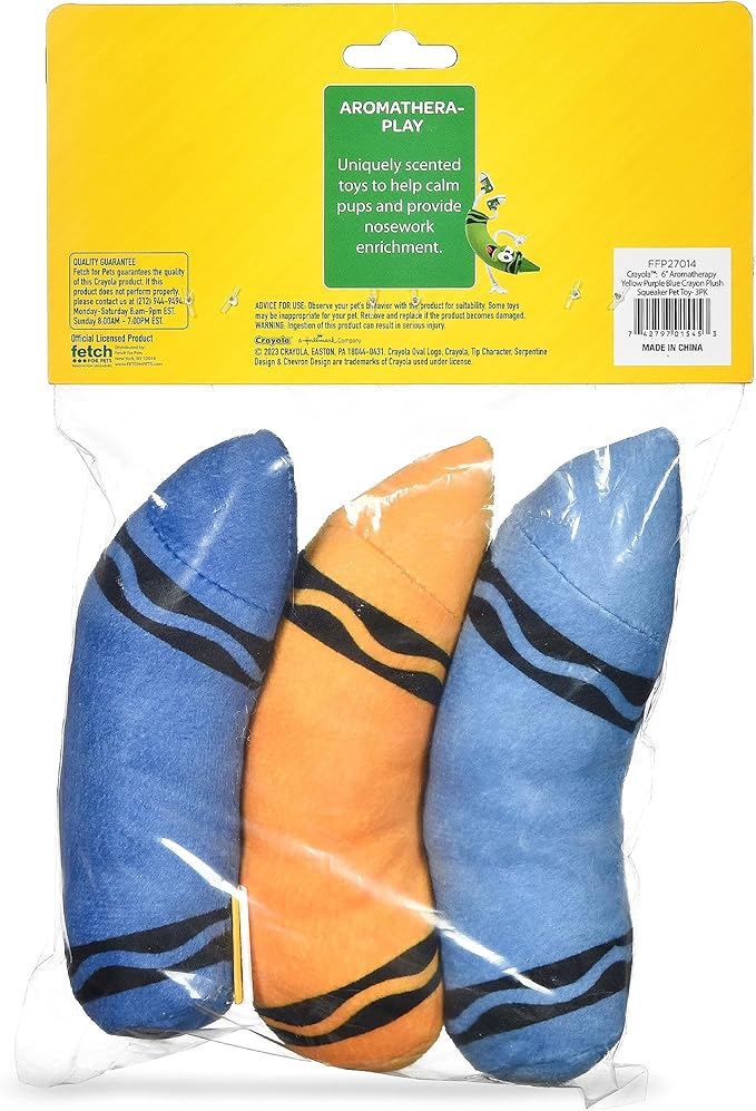 Crayola for Pets 3pk Small Aromathera-play Plush Squeaker Crayons Dog Toys in Pup-Visible Colors Dogs See Best, Blue, Yellow + Purple Plush Crayon Scented Dog Toys with Soothing Scents