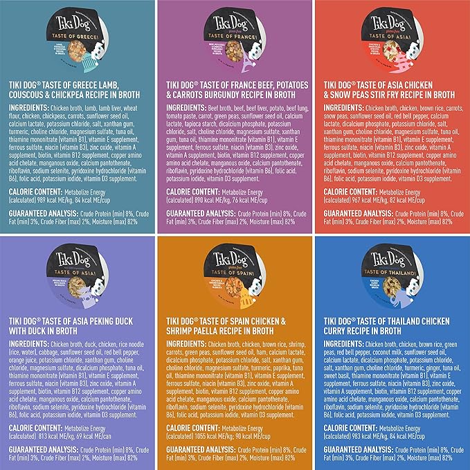 Tiki Dog Taste of The World Whole Food, Variety Pack of Gourmet International Flavors in Broth, Culinary Inspired High Protein and Moisture Rich Superfoods Wet Dog Food, 3 Oz Cups, Pack of 10