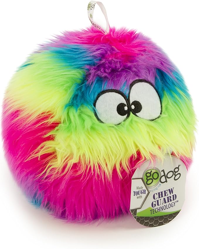 goDog Furballz Squeaky Plush Ball Dog Toy, Chew Guard Technology - Rainbow, Large