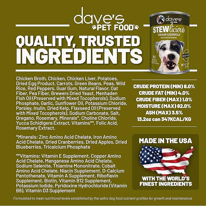 Dave's Pet Food Stewlicious Soft Dog Food Wet (Chicken Casserole), Made in USA Canned Dog Food, Added Vitamins & Minerals, Wheat & Gluten-Free, Small to Large Dogs 13.2 oz Cans (Case of 12)