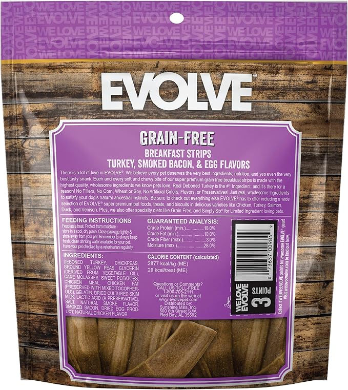 Evolve Grain Free Turkey, Bacon and Egg Flavored Breakfast Strips Dog Treats, 25oz