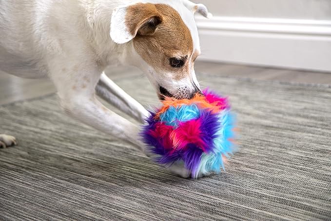 goDog Furballz Squeaky Plush Ball Dog Toy, Chew Guard Technology - Cool Rainbow, Small