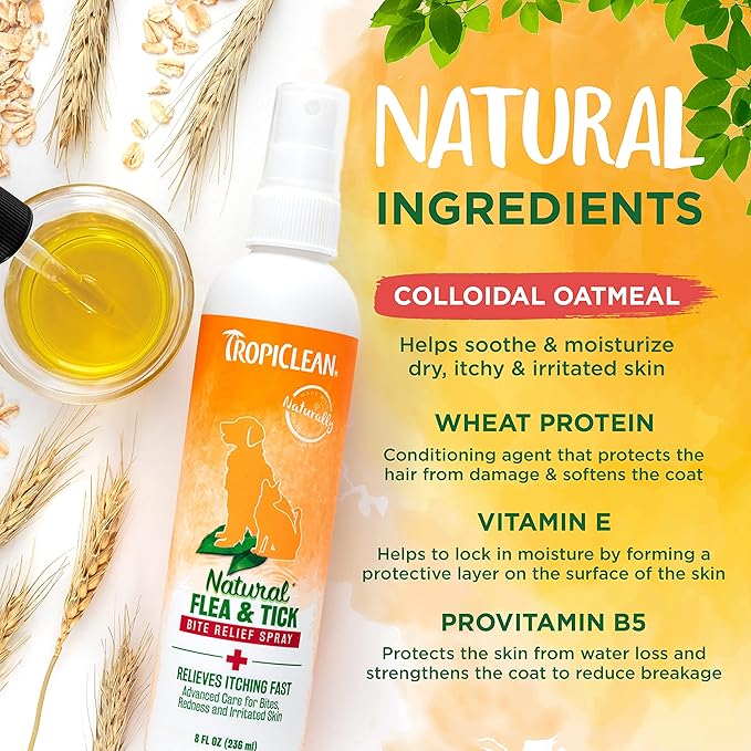 TropiClean Natural Flea and Tick Bite Relief for Dogs | Advanced Care Itch | Relief Flea Spray for Dogs | Made in the USA | 8 oz