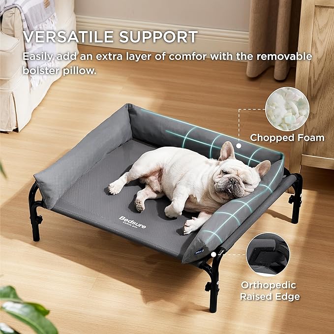 Bedsure Elevated Raised Outdoor Dog Bed - Cooling Dog Cot Bed with Bolster for Medium Dog, Lifted Pet Bed with Durable Breathable Teslin Mesh, Dog Hammock Bed with Non-Slip Feet, Grey, 32 inches