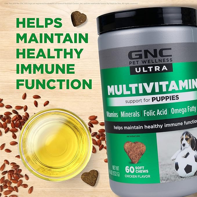 GNC Pets Ultra Multivitamin Soft Chews, Puppies, Chicken Flavor. 60-ct in 4.6 Oz Canister | Multivitamins for Puppies in Chicken Flavored Chewables from Pets Ultra