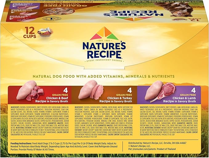 Nature’s Recipe Grain Free Wet Dog Food, Chicken, Beef, Turkey & Lamb Variety Pack, 2.75 Ounce Cup (Pack of 24)