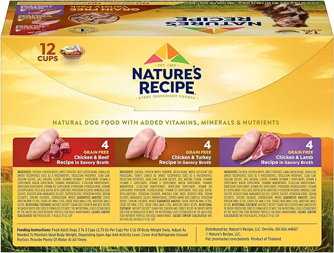 Nature’s Recipe Grain Free Wet Dog Food, Chicken, Beef, Turkey & Lamb Variety Pack, 2.75 Ounce Cup (Pack of 24)