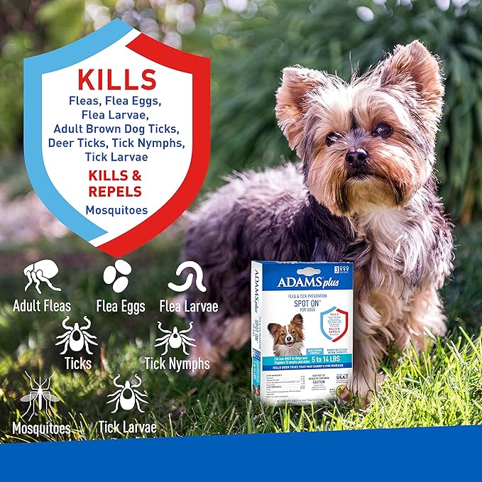 Adams Plus Flea & Tick Prevention Spot On for Dogs 5-14 Pounds, 3-Month Supply, Kills Fleas, Flea Eggs, Flea Larvae, Brown Dog & Deer Ticks, Kills and Repels Mosquitoes For 30 Days, Central Brands