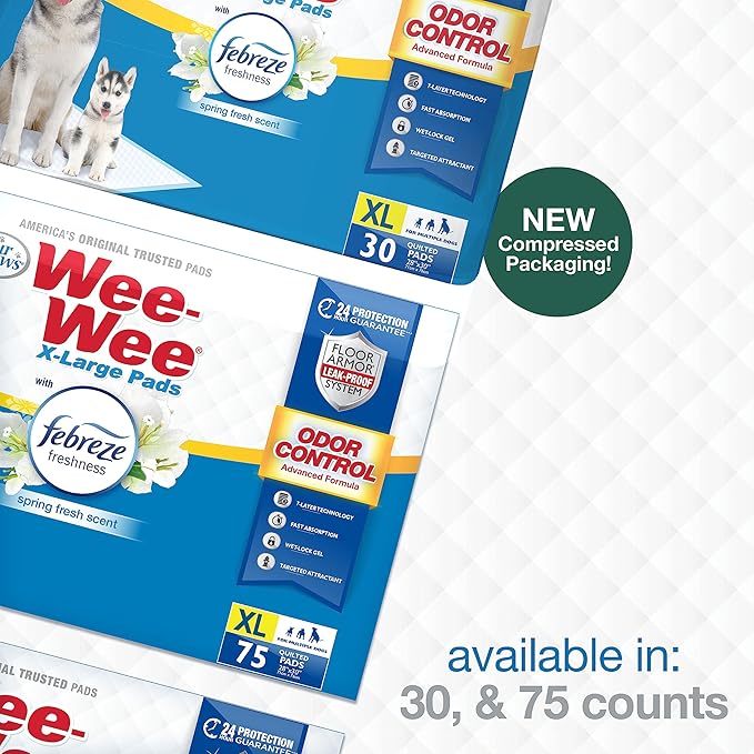Four Paws Wee-Wee Odor Control with Febreze Freshness Pee Pads for Extra Large Dogs, Leak-Proof Floor Protection Dog & Puppy Quilted Potty Training Pads, Spring Fresh Scent, 28" x 30" (75 Count)