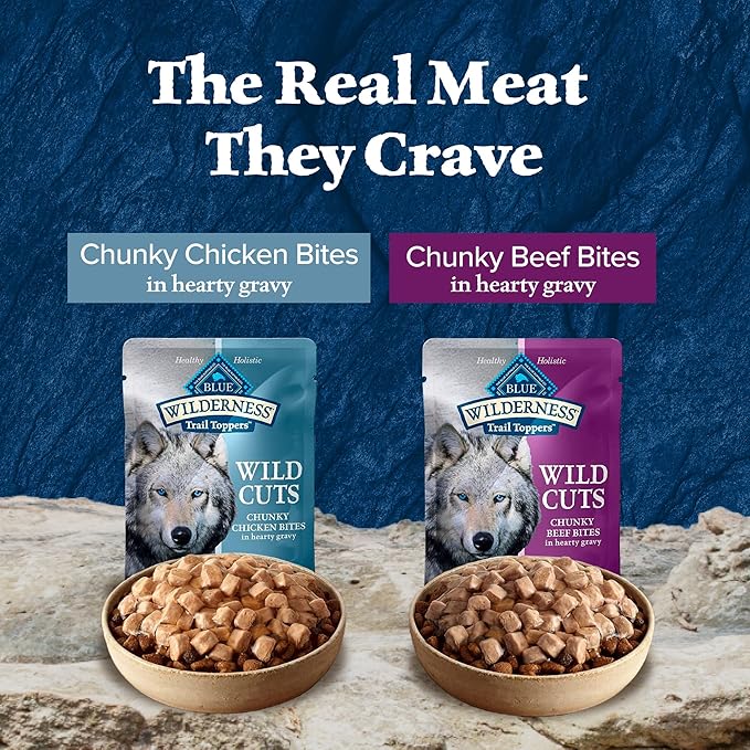 Blue Buffalo Wilderness Trail Toppers Wild Cuts Wet Dog Food Variety Pack, High-Protein & Grain-Free, Made with Natural Ingredients, Chicken and Beef Flavors, 3-oz. Pouches, (12 Count, 6 of Each)