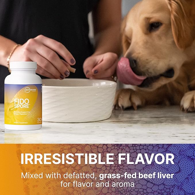 Microbiome Labs FidoSpore - Dog & Cat Digestive Supplement - Bacillus Subtilis Spore Based Probiotic to Support Digestion & Gut Health - Grass Fed Beef Liver Flavored Probiotics for Dogs (30 Capsules)