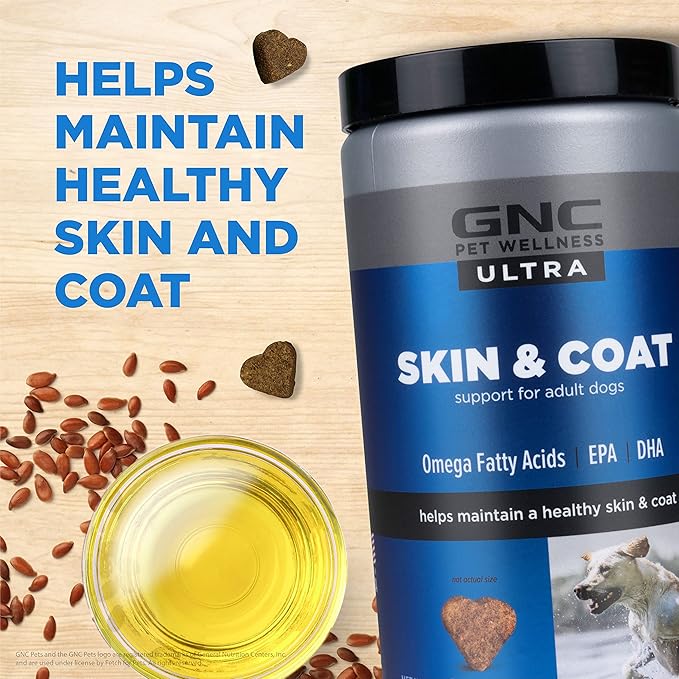 GNC Pets ULTRA Skin & Coat Soft Chews, All Dogs, Chicken Flavor. 60-ct in a 16-oz Canister | Daily Supplement for Skin & Coat for Dogs in Chewable Chicken Flavor