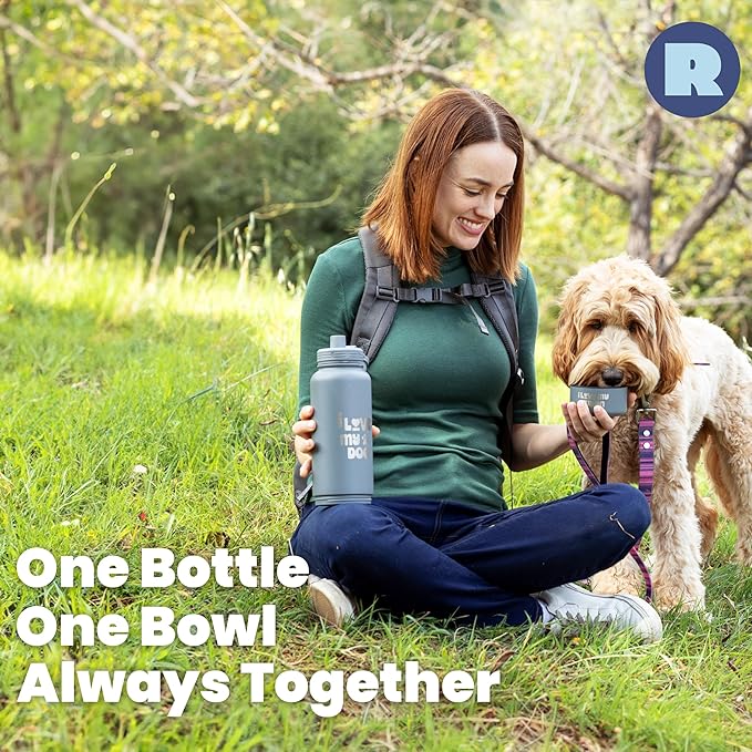 Dog Water Bottle for Dog Lovers - 32 oz Stainless Steel Double Wall Insulated Water Bottle with 8 oz Attached Dog Bowl - Best Dog Mom Gifts for Women - “Dogs are My Favorite People” - Black