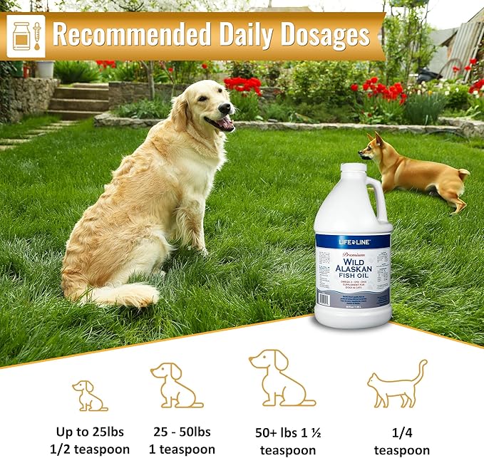 Life Line Pet Nutrition Wild Alaskan Fish Oil Omega-3 Supplement for Skin & Coat – Supports Brain, Eye & Heart Health in Dogs & Cats, 66oz