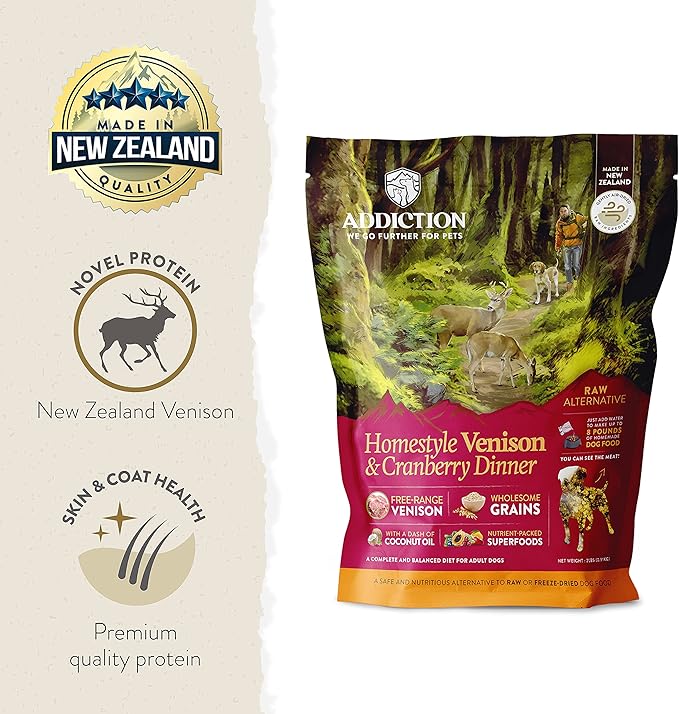 Addiction Homestyle Venison & Cranberry Dinner Raw Alternative Dog Food - Gently Air-Dried Complete Meal or Dog Food Topper for Digestive and Skin and Coat Health, 2 lb