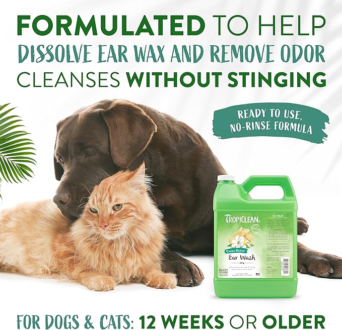 TropiClean Cocoa Butter Ear Wash for Dogs & Cats | Alcohol Free Dog Ear Cleaner Solution | Pet Ear Wash Derived from Natural Ingredients | Made in The USA | 1 Gallon