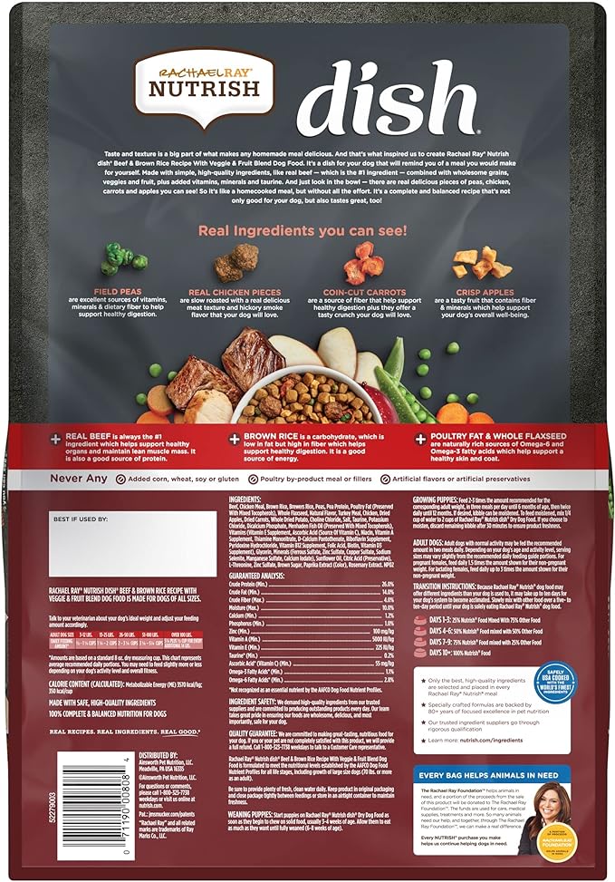 Rachael Ray Nutrish Dish Premium Dry Dog Food, Beef & Brown Rice Recipe with Veggies, Fruit & Chicken, 11.5 Pound Bag
