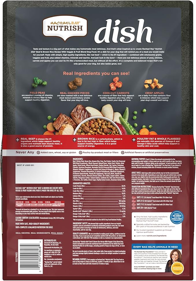 Rachael Ray Nutrish Dish Premium Dry Dog Food, Beef & Brown Rice Recipe with Veggies, Fruit & Chicken, 11.5 Pound Bag
