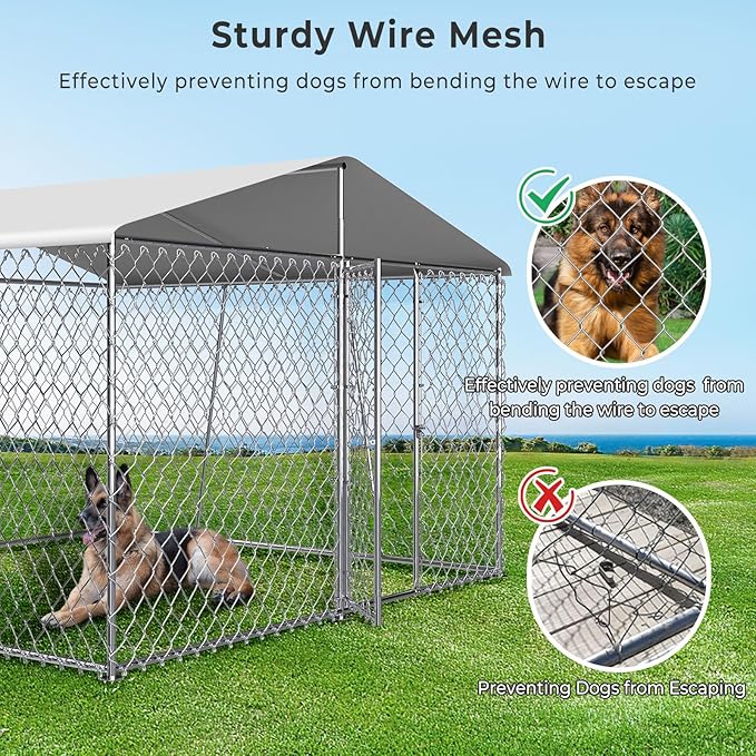 Upgraded 10×10FT Outdoor Dog Kennel with Cover Roof, Extra Large Dog Run House Pen Enclosure with Side Rod, Heavy Duty Chain Link Dog Kennel with Lock for Outside Backyard