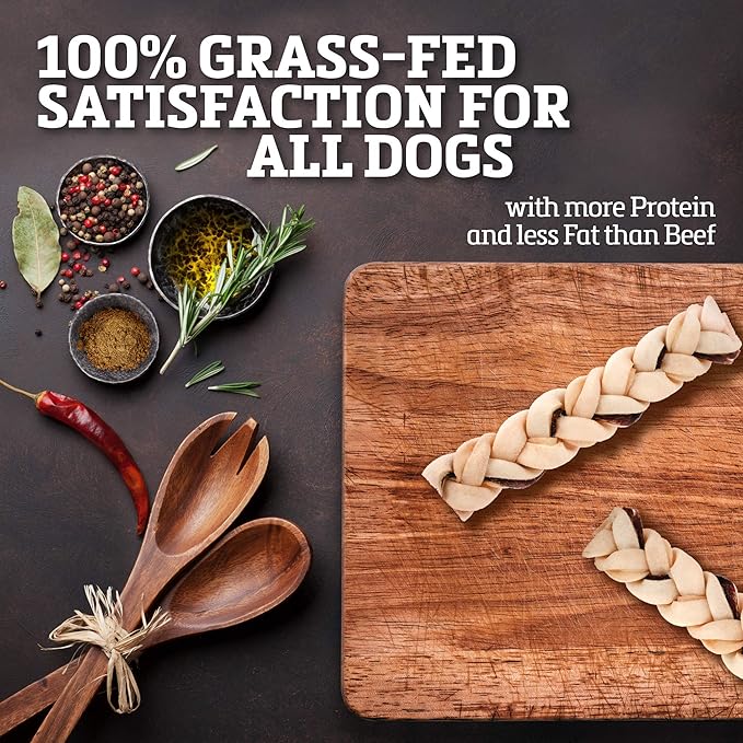 Rawhide Dog Treats | Healthy, Grass-Fed Buffalo Jerky Raw Hide Chews | Hickory Smoked Flavor | Jerky Braids, 10 Count