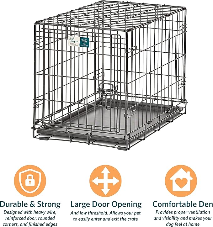 MidWest Homes for Pets Small Dog Crate | Life Stages 24' Folding Metal Crate | Divider Panel, Floor Protecting Feet, Leak-Proof Dog Pan | 24L x 18W x 19H Inches, Small Dog Breed