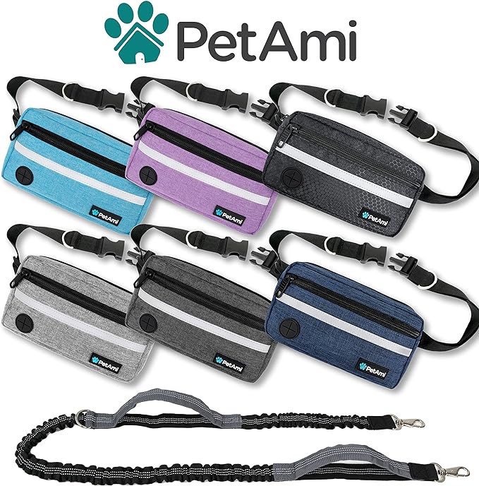 PetAmi Hands Free Dog Leash, Dog Running Leash Belt for Walking Jogging, Dog Waist Zipper Pouch Fanny Pack with Poop Bag Dispenser, Dual Padded Handle Bungee Leash for Small Medium Large Dogs, Double