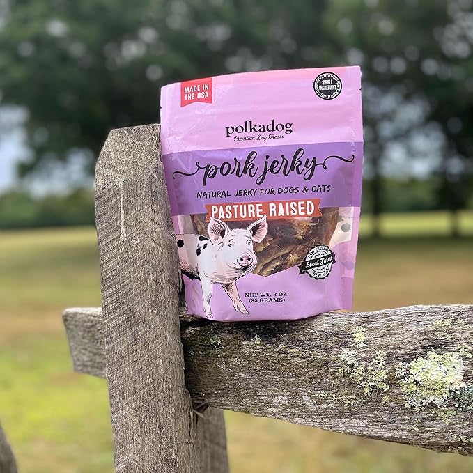 Polkadog Single Ingredient Pork Jerky Dog Treats, 3oz - Pasture-Raised from New England Farms, Additive Free Healthy Dog Treat - Handcrafted, Slow Dehydrated for Sustainably Delicious Dog Jerky