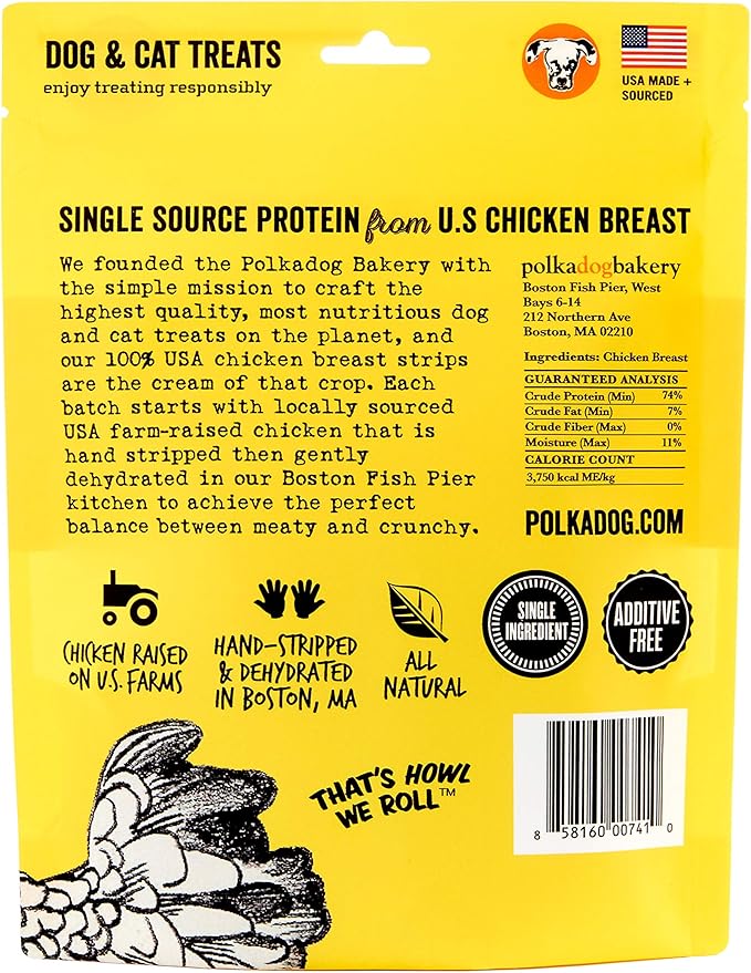 Polkadog Chicken Strip Jerky Dog & Cat Treat - Handmade, Single-Ingredient, Grain Free, USA Farm-Raised Chicken - Dog Jerky Treat - Made in USA, 3oz
