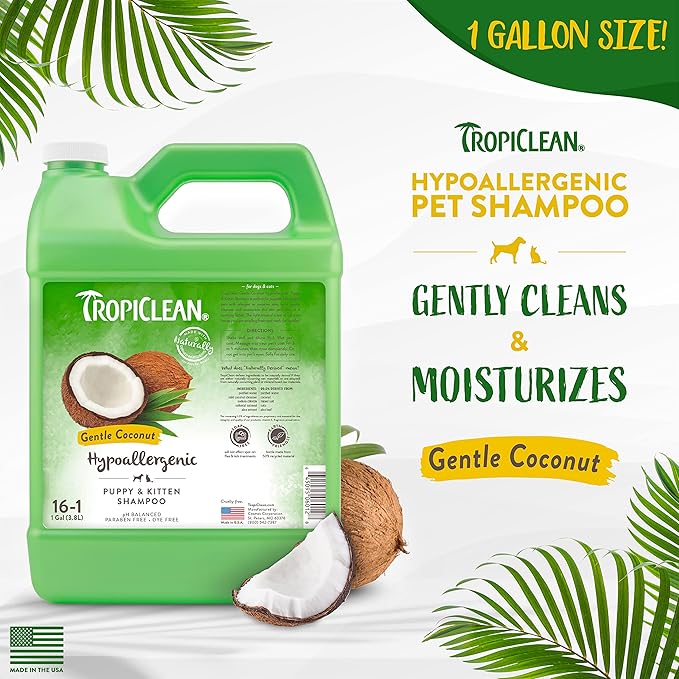 TropiClean Coconut Hypoallergenic Dog Shampoo | Gentle Puppy Shampoo for Sensitive Skin | Natural Pet Shampoo Derived from Natural Ingredients | Kitten Friendly | Made in the USA | 1 gal.