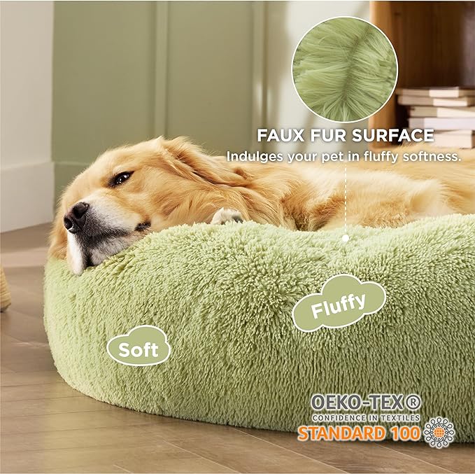 Bedsure Calming Dog Bed for Extra Large Dogs - Donut Washable Large Pet Bed, Anti-Slip Round Fluffy Plush Faux Fur Dog Bed, Fits up to 125 lbs Pets, Green, 45 inches