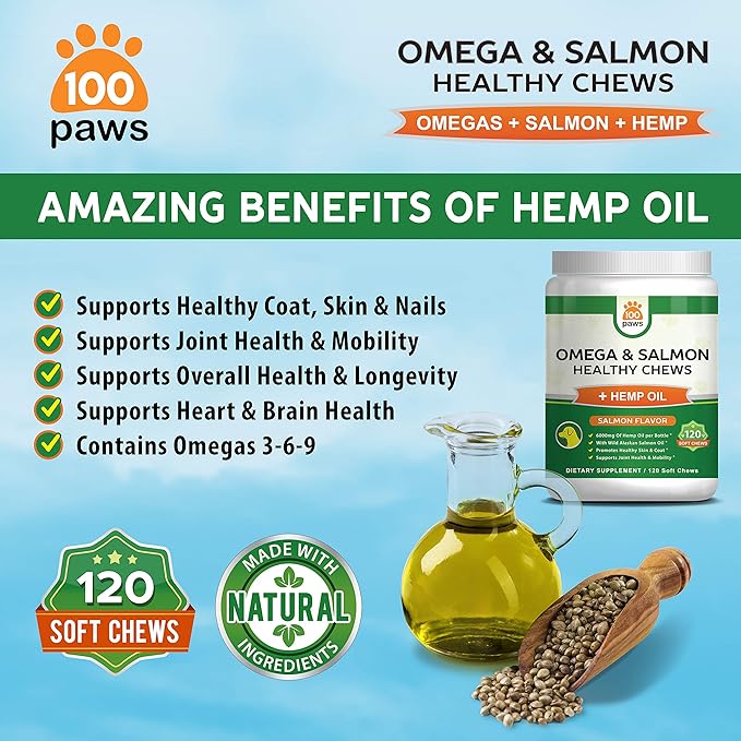 Salmon Oil for Dogs-Omega 3 Fish Oil & Hemp Oil -Wild Alaskan Fish Oil Dog Treats Chews Supplement w/Omega 3 6 9 & DHA EPA - Pet Itch Skin & Coat & Allergy Support - 120 Bites