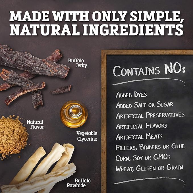Rawhide Dog Treats | Healthy, Grass-Fed Buffalo Jerky Raw Hide Chews | Hickory Smoked Flavor | Jerky Twist, 40 Count(Pack of 1)