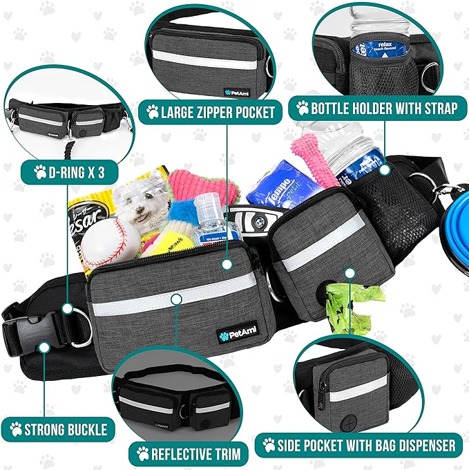PetAmi Hands Free Dog Leash, Dog Running Leash Belt Bag for Walking, Jogging, Dog Waist Double Zipper Pouch with Poop Bag Dispenser, Dual Padded Handles Reflective Bungee Leash, Single