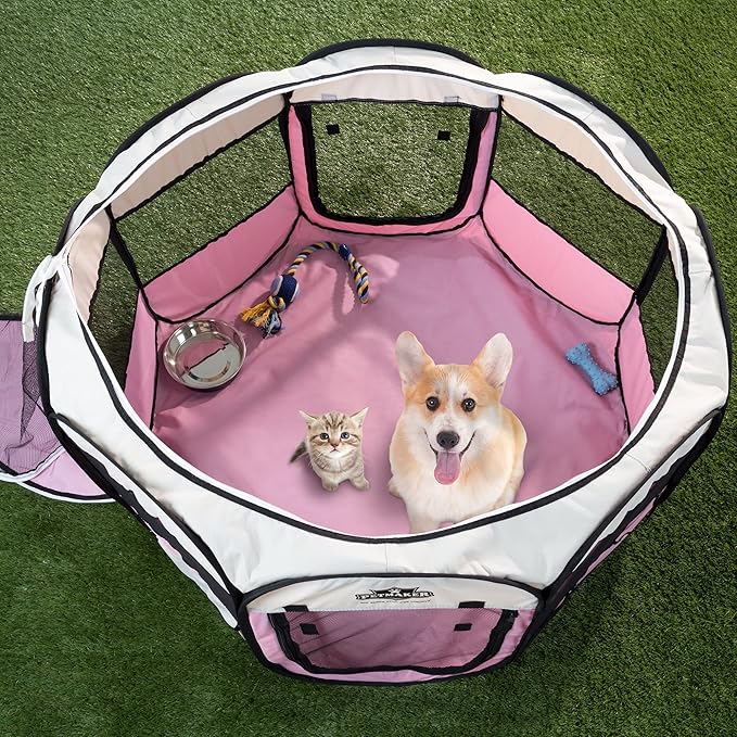 Pet Playpen - 38x24 Pop-Up Dog Kennel with Carry Bag - Portable Play Pen for Dogs, Cats, Rabbits, and Small Animals up to 25lbs by PETMAKER (Pink)