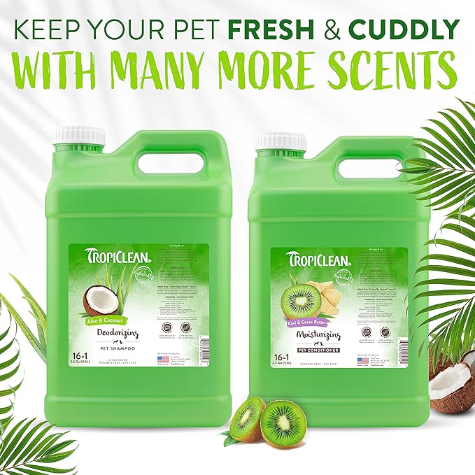 TropiClean Aloe & Coconut Deodorizing Dog Shampoo for Smelly Dogs | Odor Control Shampoo for Stinky Dogs | Natural Pet Shampoo Derived from Natural Ingredients | Cat Friendly | Made in USA | 2.5 gal.