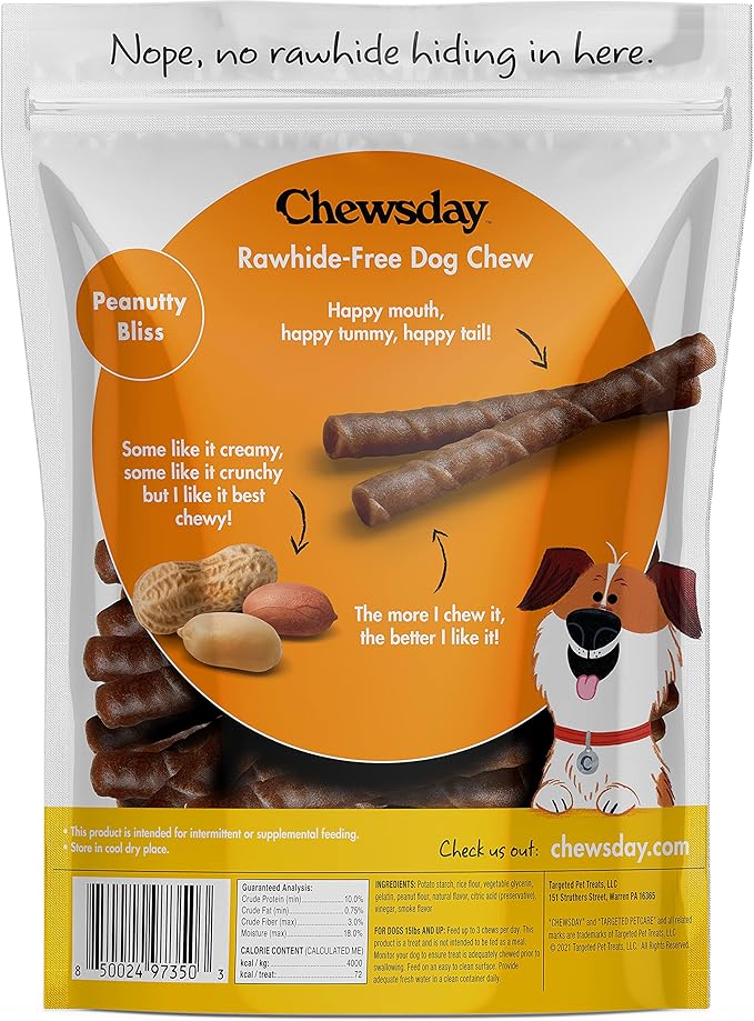 6-Inch Chewy Dog Chew Twists, Made in The USA, All Natural Rawhide-Free Highly-Digestible Treats, Peanutty Bliss - 28 Count