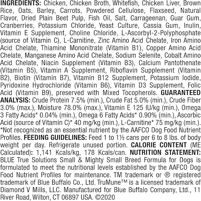 Blue Buffalo True Solutions Small & Mighty Natural Small Breed Adult Wet Dog Food, Chicken 5.5-oz cans (Pack of 24)