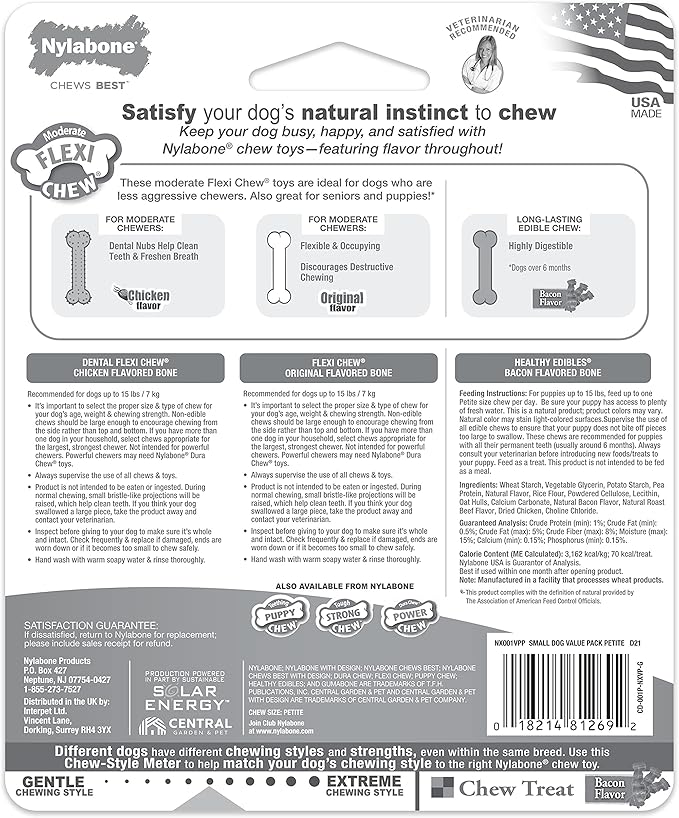 Nylabone Flexi Chew Moderate Dog Chew Toy Bones & Healthy Edibles Chew Treat Triple Pack, Chicken & Bacon, X-Small/Petite (3 Count)